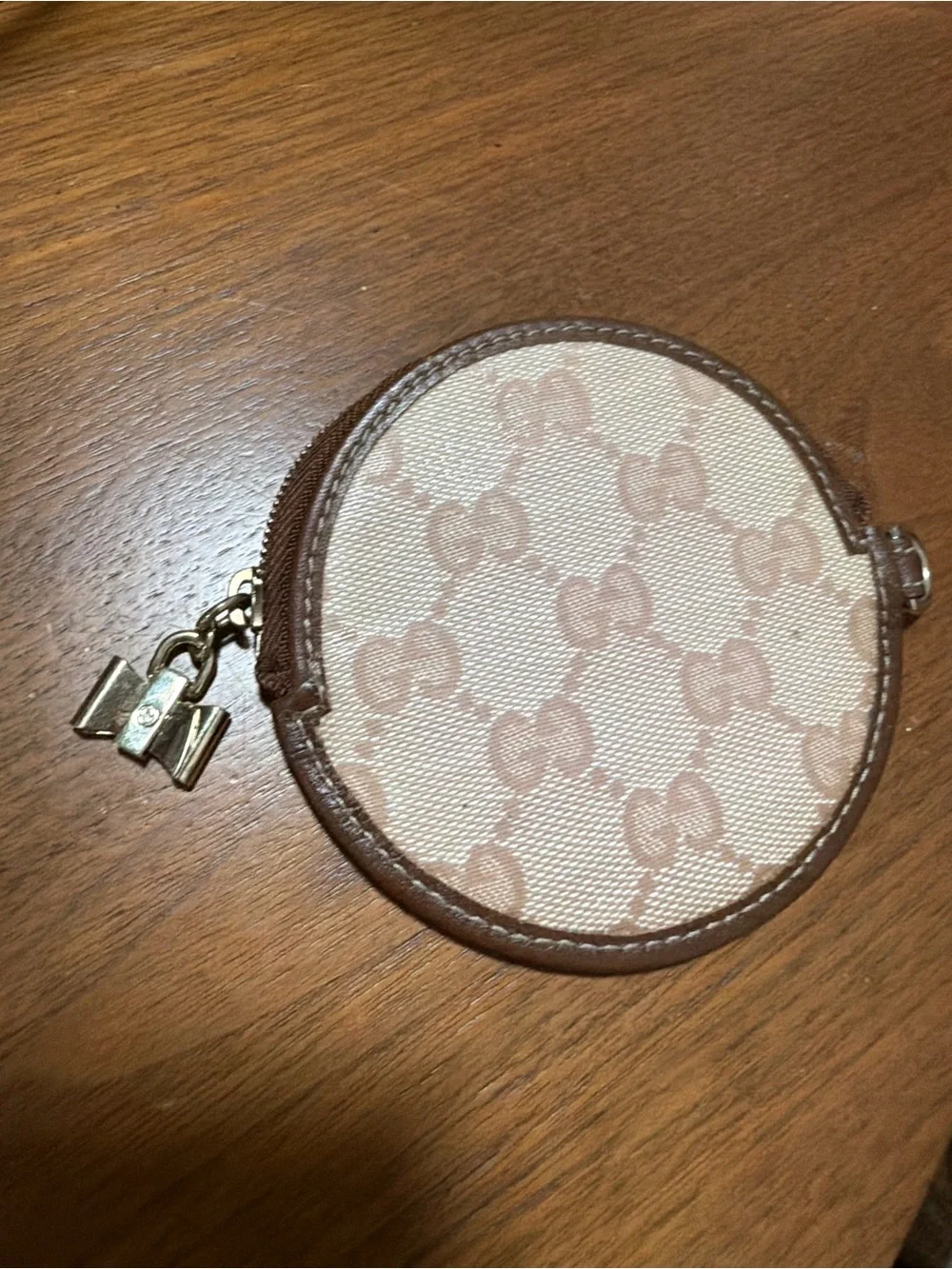 Gucci Beige and Brown Round GG Coin Pouch with Gold-Tone Hardware